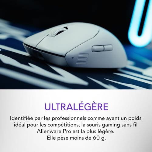 Alienware Pro Souris Gaming Sans Fil, réponse 4 KHz, commutateurs optiques magnétiques, ultralégère <60 g, 120 h d’autonomie, capteur 26 000 PPP, Lunar Light
