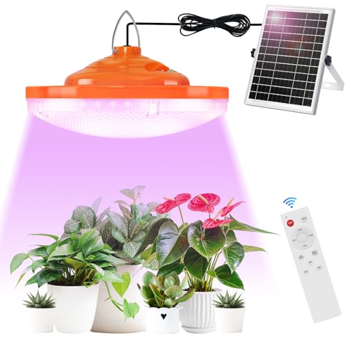 Ladate 96 LED Solar Grow Lights Battery Powered Full Spectrum Hanging Grow Light for Indoor Outdoor Plants with Timer Solar Plant Lamp for Greenhouse with Remote Control 2 Charging Way 16.6FT Cord