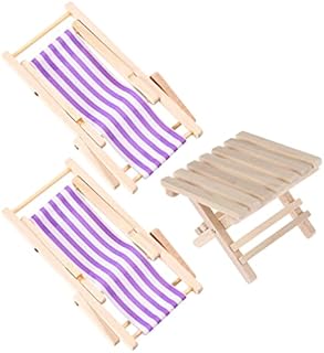 NUOBESTY Mini Beach Chair, Wooden Longue Deck Chair Set Miniature Foldable Chair Model Dollhouse Furniture Accessories Garden Decor for Kids