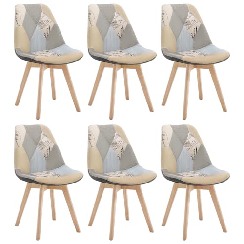 WOLTU 6 X Chaises Salle à Manger, Chaise Patchwork, en Lin + Bois Gris + Kaki BH29pw-6