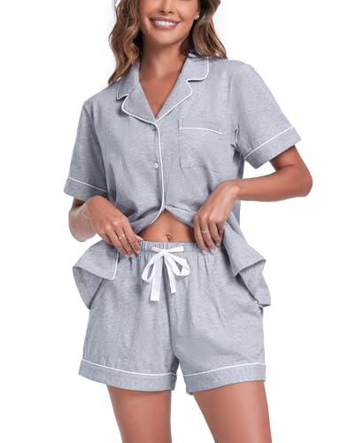 COLORFULLEAF Womens 100% Cotton Pajamas Set Short Sleeve Sleepwear Button Down Pjs Soft 2 Piece Lounge Set with Pockets S-XXL(Grey, Medium)