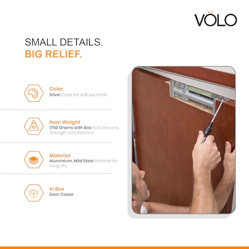 Image of Volo Automatic Hydraulic Double Speed Aluminium Concealed Pelmet Arm Door Closer Premium Heavy Duty for Residential / Commercial Purpose with Fitting Set (Silver). Weight Capacity: 30kg- 80kg