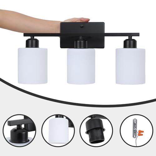 Image of 3-Light Bathroom Vanity Light Fixtures, Black Modern Vanity Light Over Mirror, Modern Wall Light with Milky White Frosted Glass Shade for Bathroom Bedroom Living Room Kitchen Hallway