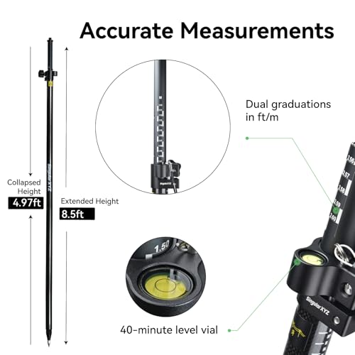 Image of Carbon Fiber & Aluminum GPS Pole - Telescopic 8.5ft /2.6m GPS Survey Pole with Screw Lock & Locking Pin, Metric-Feet Dual Scales, Bubble Level, Steel Point for RTK GNSS Surveying