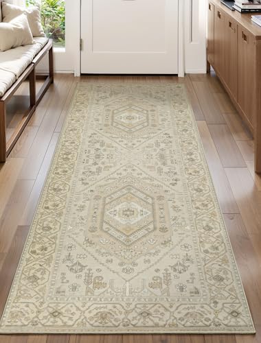 SERISSA Boho Washable Runner Rug, 2x5 Non-Slip Kitchen Runner Rug Vintage Beige Hallway Rug Ultra Soft Print Distressed Oriental Floor Carpet Runner for Bedroom Bathroom Laundry Living Room