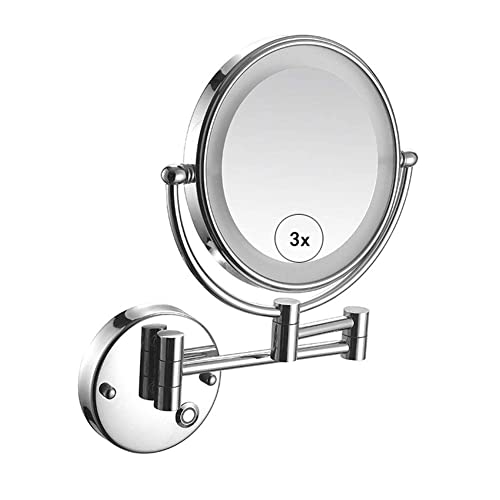 AWJ Espejo de Maquillaje de Montaje en Pared con luz LED 3 aumentos de Doble Cara, Giratorio de 360...
