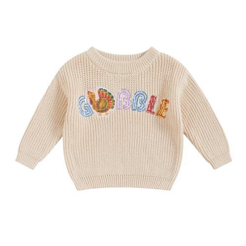 Honganda Infant Baby Girl Boy Thanksgiving Sweater Long Sleeve Gobble Sequin Letters Embroidery Pullover Knitwear Outfit