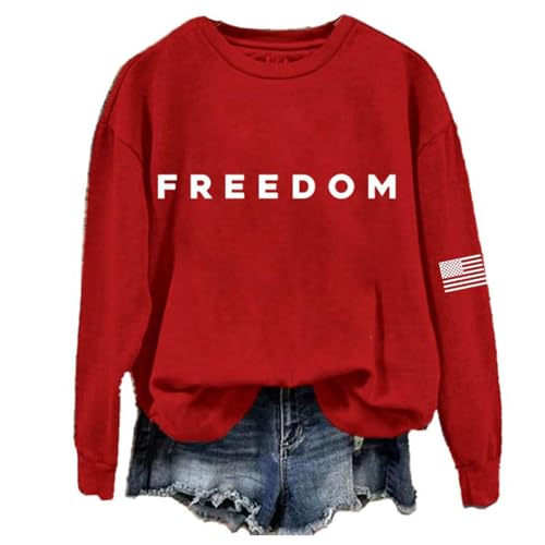 Women Freedom Shirt Crewneck Sweatshirt USA Freedom America Flag Graphic Tops Long Sleeve Shirts Print Plus Size Womens Hoodies for Woman Merch Womens Sweatshirts