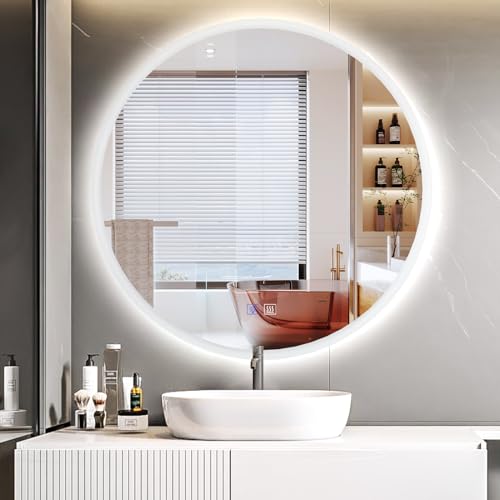Led Mirror for Bathroom 28 Inch, Fog Edge Anti-Fog Backlit Vanity Bathroom Mirror with Lights, Smart Touch, Dimmable 3 Color Modes, Shatter-Proof, Round Wall Mount