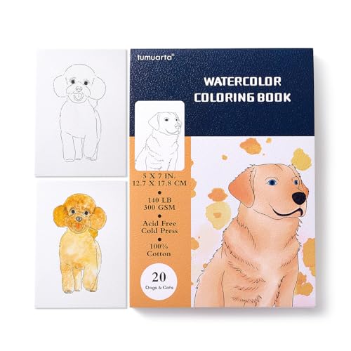 tumuarta Watercolor Coloring Book, 20 Unique Designs, 5x7”, 100% Cotton, 300GSM, 140 LB, Cold Press, Acid Free Watercolor Paper Workbook, Glue Bound Sketch Book
