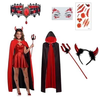 SSKHE Disfraz de diablo para mujer con capa para Carnival, Halloween Devil Cape Red Hooded Cape Headband Devil Horns Gothic Devil Chain Tattoo Devil Costume Accessory, Carnaval Fancy Dress Party Hola | Ya disponible en tu tienda friki favorita! En mundofriki.es!