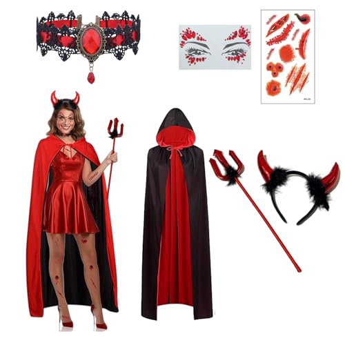 SSKHE Disfraz de diablo para mujer con capa para Carnival, Halloween Devil Cape Red Hooded Cape Headband Devil Horns Gothic Devil Chain Tattoo Devil Costume Accessory, Carnaval Fancy Dress Party Hola