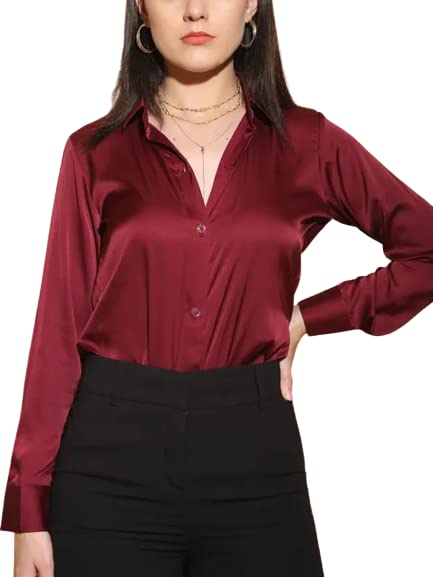 Image of Bowrain Satin Silk Fabric Spread Collar Full Sleeve Top Shirt for Women and Girl
