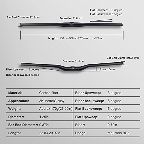 31.8 Mm Carbon Fiber Handlebars 3K Full Carbon Fiber Bicycle Handlebar Upsweep 0 Degree No Logo 3K Matte 620 Flat Handle Bar Carbon Fiber #TOP2