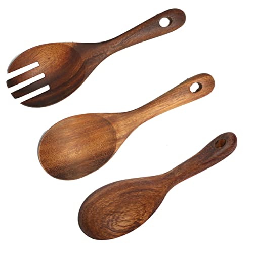 GRIRIW 2pcs Natural Wooden Serving Spoon Set Multifunctional Salad Dinner Spoons for Kitchen
