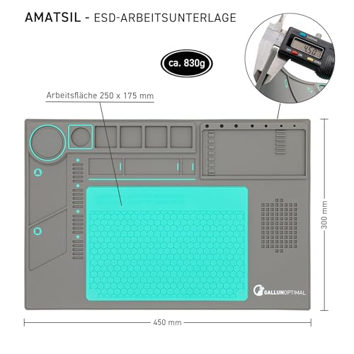 GALLUNOPTIMAL Arbeitsunterlage mit ESD Silikoneinlage bis 500°C hitzebeständig – Bauteil- und Werkzeugorganizer – Magnetteil – für Lötarbeiten/Reparaturen - 45x30 cm – rutschfest