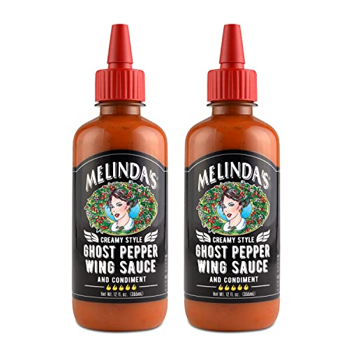 Melinda’s Ghost Pepper Wing Sauce - 12 Oz, 2 Pack - Gourmet Spicy Hot Sauce - Made with Fresh Ingredients, Ghost Peppers (Bhut Jolokia), Habanero Pepper, Carrot, Garlic, Lime - Vegan, Gluten Free