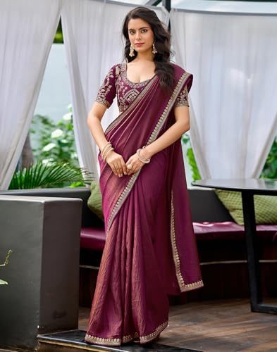 Image of SIRIL Women's Shimmer Silk Sequence Embroidery Lace two Tone Saree With Embroidery Unstitched Blouse Piece