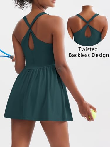 Sexyasasii Women'S Summer Athletic Tennis Dress With Built In Shorts And Bra Square Neck Workout Exercise Active Golf Dresses Dark Green thumb #1