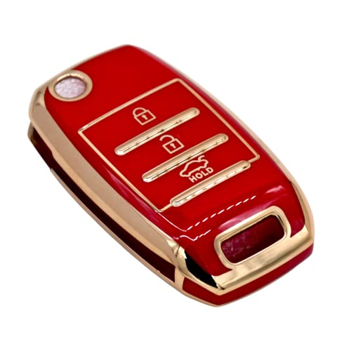 Image of KMH TPU Gold Car Smart Key Cover Compatible for Kia Seltos and Sonet 3 Push Button Smart Flip Key Shell Case Holder, Full Key Protection (Red Gold) Pack of 1