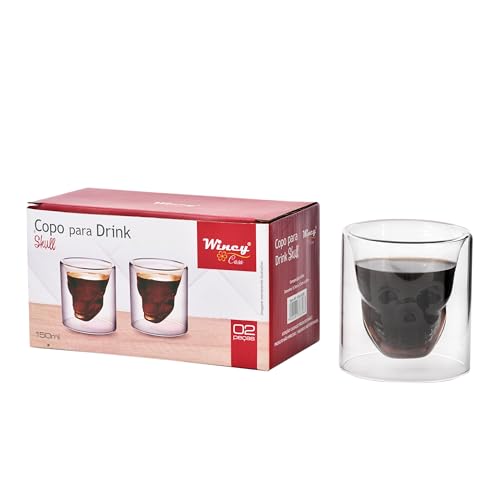 Conjunto Com 2 Copos Drink Duplo Skull Caveira Vidro 150ml, Wincy