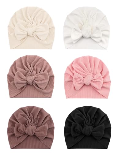 Image of ZURLEFY 6 PCS Stretchy Baby Turban Hats, Baby Hat with Bows for Girls, Baby Boys Caps, Toddler, Newborn, Infant Hat Unisex