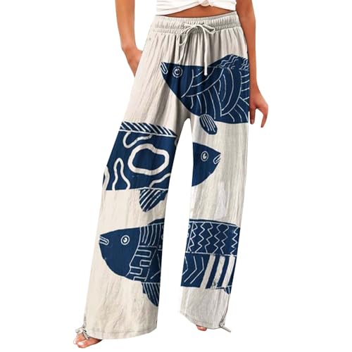 riou Pantalones Mujer Comodos Baratos Rectos Lino de Algodón Cintura Alta Pierna Ancha Baggy Pantalones Casuales Ligeros Pantalón de Chándal Cómodo y Transpirable para Verano Tallas S-5XL