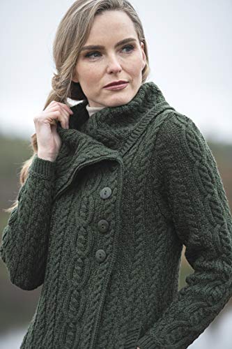 Image of Aran Crafts Women's Cable Knit Soft Collar 3 Button Coat (100% Merino Wool)