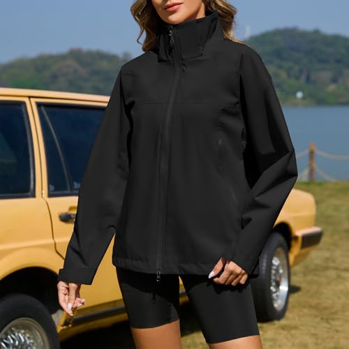 American Trends Rain Jacket Women Waterproof with Hood Travel Rain Coats Loose Fit Windbreaker Lined Jacket2