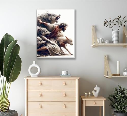 MALEDO Jesus and Lamb Canvas Wall Art Jesus Saves the Lost Sheep Christian Picture Wall Decor Shepherd Protect a Lamb from Wolves Painting Poster Print Artwork for Living Room Bedroom Church Decor - Thumbnail 3