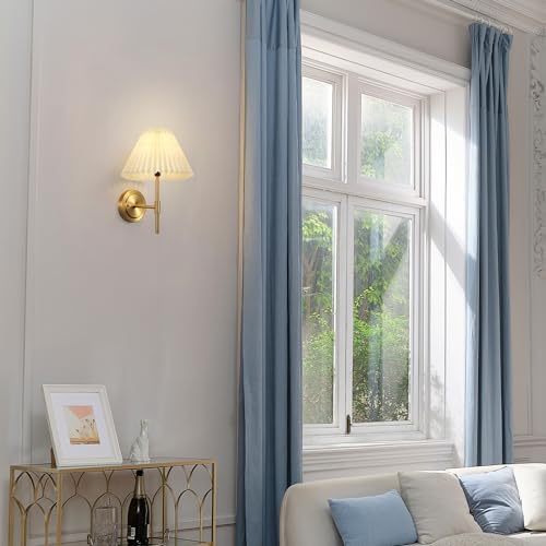 Image of GLOBE Electric 1-Light Wall Sconce, Matte Brass, White Pleated Fabric Shade, E12 Base Socket, Candelabra Bulb, Living Room Lighting, Home Essentials, Decor, Bedroom, Mounted Bedside Lamp