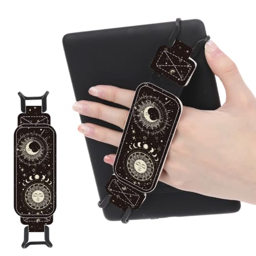 Koazava Secure Hand Strap for 6-7.5\" Kindle and Tablets, Versatile Lightweight Faux Leather E-Book Grip Holder, Heavy-Duty E-Book Accessories for Reading Lover Gift (Sun and Moon)