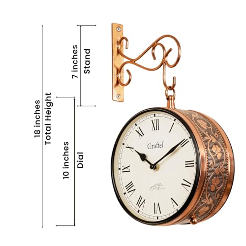 Image of CRAFTEL Double Sided Station Hanging Wall Clock | Both Side Roman Numerals | Aluminum Dial with Dome Glass | Gift for Home Hall Living Room | Dial 10 Inch, Rose Gold