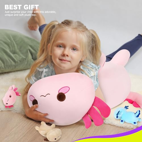 Onsoyours Axolotl Stuffed Animal Mommy 19.7\" with 3 Baby Axolotl Plushies in Tummy, 4 Piece of Cute Axolotl Plush Pillow Toys for Kids Girls Boys (Pink Axolotl Family) - Thumbnail 7