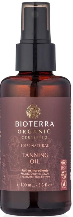 Bioterra Organik Bronzlaştırıcı Yağ – Roucou, Shea Butter, Kakao & Hindistan Cevizi Yağı İçeren Doğal Güneş Bakım Yağı | Hızlı Bronzlaşma & Yoğun Nemlendirme |%100 Doğal İçerik