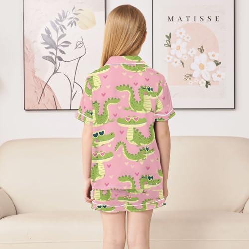 ALAZA Cartoon Crocodile Heart Stylish Pajamas Satin Pajama Set Short Sleeve Button Down Sleepwear4