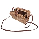 SOLUSTRE Bolso Bandolera de Ratán Tejido a Mano, Bolso Cuadrado Mini para Mujer, Correa Hombro en Cuero, Estilo Vintage Natural para Uso Diario y Ocasiones Casuales