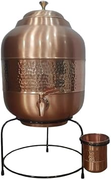 Pure Copper Water Dispenser with Stand and Glass, 14 Liter 3.7 Gallon Large Capacity Handcrafted Tank - Includes 2 Premium Leak-Proof Spigots Copper & Chrome Finish