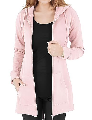 Vancavoo Fleecejacke Damen Lang Winterjacke Sweatjacke Kapuzenjacke Zip Kapuzenpullover Lose Jacken Einfarbig Sweatshirt Langen Mantel Cardigan Outwear Mit Taschen,Rosa,M