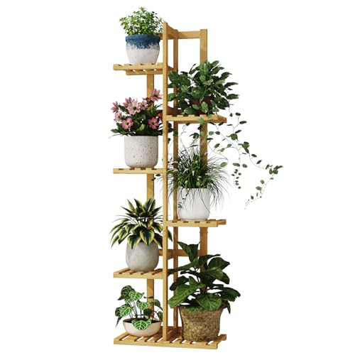 Bamworld - Soporte de bambú para plantas de interior de 6 niveles para varias plantas, pequeño soporte de flores escalonado para ventana, jardín, balcón, decoración de interior, salón, dormitorio
