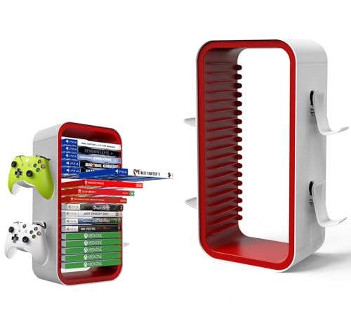 wigmoa OYO-1【15.8INCH】 Game Storage Tower Compatible with PS5/ Xbox Series S & X/Switch, Universal Video Games Discs Organizers 18 PCS with 4 Controllers Holder, Game Disk Box Stand. (White/Red)