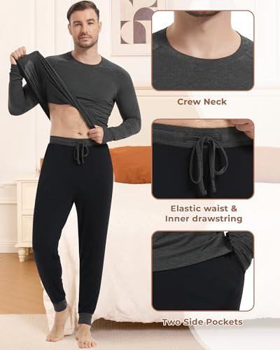 Image of NACHILA Mens Pajamas Set Long Sleeve Henley Sleepwear Top Soft Jogger Pants Pajamas Cool Pjs Set,Viscose Made from Bamboo
