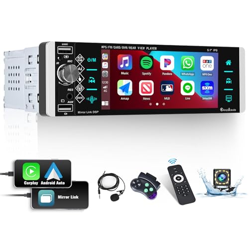 CAMECHO Autoradio 1 Din avec Carplay & Android Auto, 5.1 Pouces IPS écran Tactile Radio de Voiture avec Bluetooth MP5 Récepteur Mirror Link/Voice Assistant/GPS/FM/EQ/SWC/USB/AUX-in+Caméra +MIC