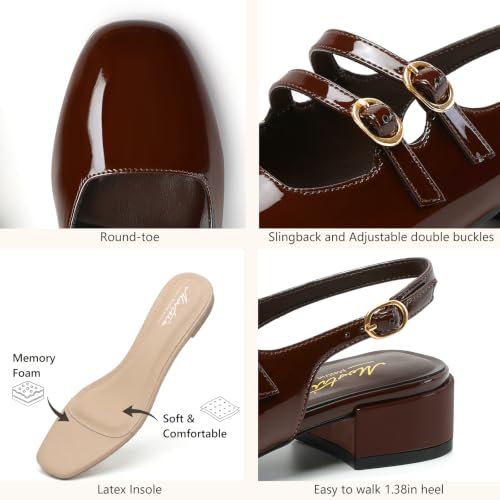 Image of Mostrin Mary Jane Shoes Women Slingback Chunky Low Heels for Women Closed Rounded Toe Ankle Strap Pumps Daily Wedding Party Dress Shoes