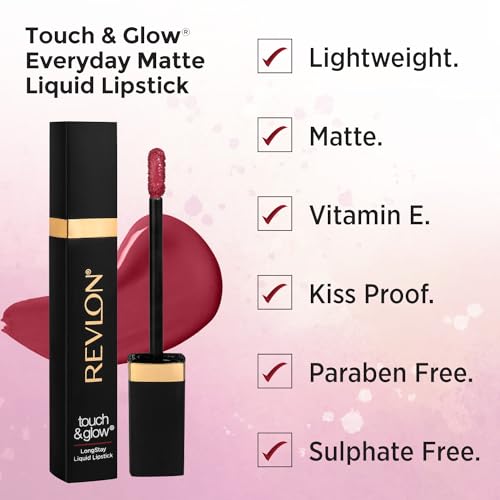 Image of Revlon Touch & Glow Everyday Matte Liquid Lipstick|Lightweight, Transferproof, Kiss Proof, Non Sticky infused Vitamin E|Parabeen & Sulphate free -Pink Princess