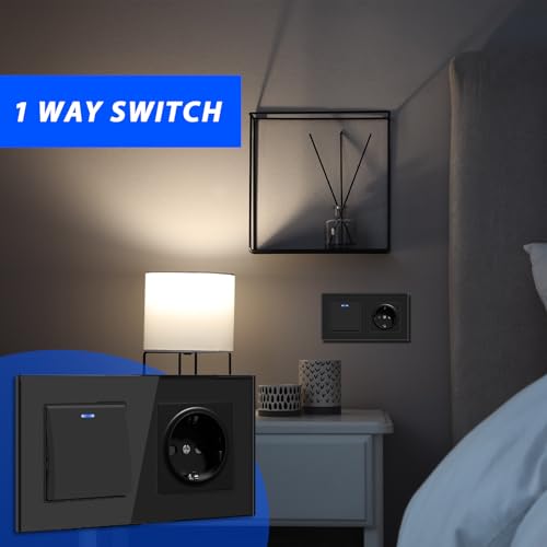 BSEED Lichtschalter mit Steckdose 1 Fach 1 Weg, Lichtschalter Glas Schuko Steckdose Unterputz mit Steckklemme, Taster Schalter Unterputz mit LED Kontrollleuchte, Schwarz