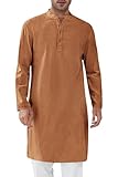 Runcati Mens Kaftan Thobe Textured Henley Shirt Long Sleeve Robe Casual Muslim Gown Shirt Brown