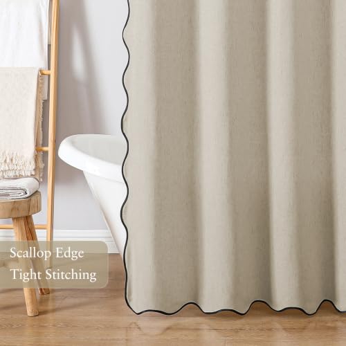 Linen Scallop Shower Curtain with 12 Clear Hooks, Waterproof, 72x72, Beige by LilyCat - Used condition - Image 5