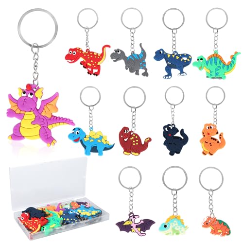 12 Stück Dino Schlüsselanhänger, Silikon Schlüsselanhänger Dino Geburtstag Deko, Dinosaurier Rucksack Anhänger Kinder, Dinosaurier Mitgebsel Kindergeburtstag für Junge, Geldbörsen, Handtaschen