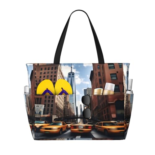 Sac fourre-tout de plage d'été imprimé New York, le grand sac de voyage noir branché